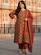 Pure Cotton Rust & Cream Ajrak 3-Piece Kurti Set