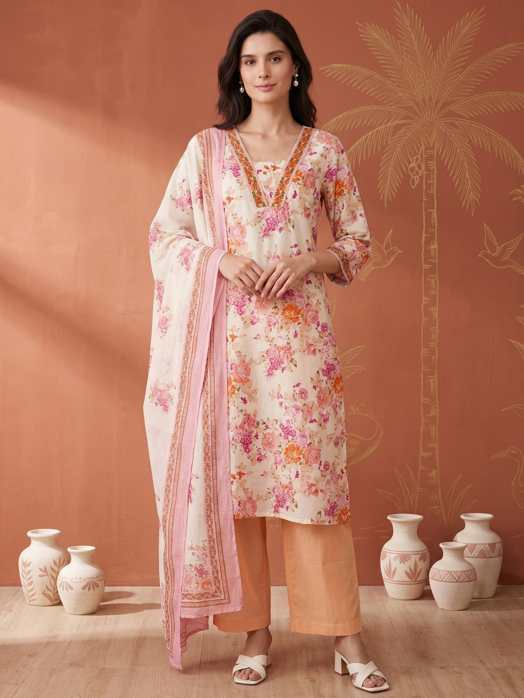 Pure Cotton Cream Floral 3-Piece Kurti Set with Pink & Orange Print