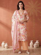 Pure Cotton Cream Floral 3-Piece Kurti Set with Pink & Orange Print