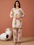 Pure Cotton Cream & Pink Floral 2-Piece Kurta Set