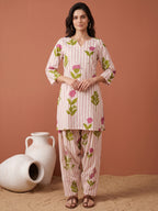 Pure Cotton Cream & Pink Floral 2-Piece Kurta Set