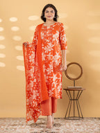 Pure Cotton Burnt Orange Floral 3-Piece Kurti Set