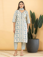 Pure Cotton Cream & Blue Kalamkari 3-Piece Kurti Set