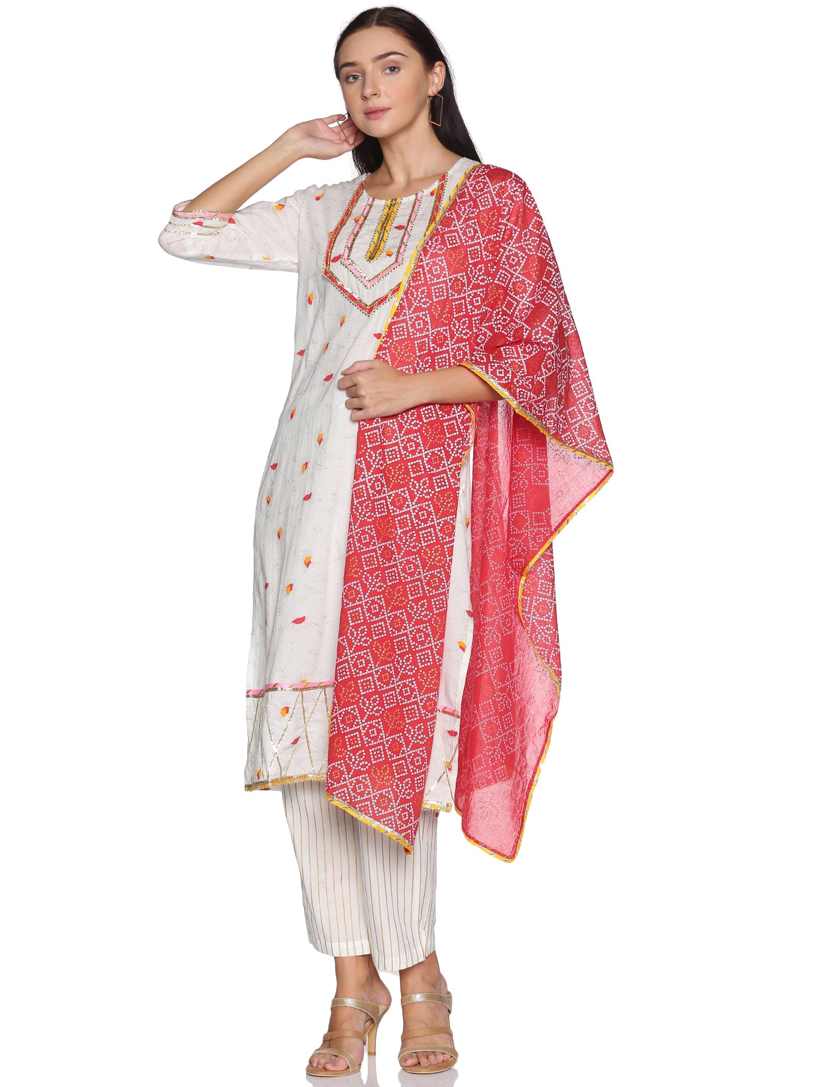 Kurti 3PC Cream & Red
