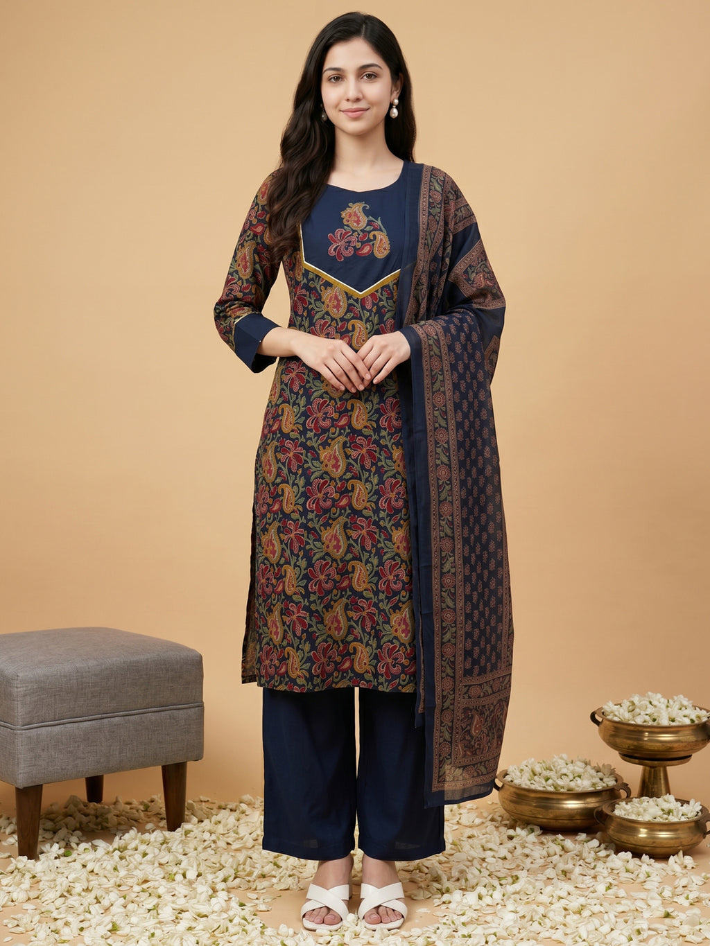 Pure Cotton Navy Blue Kalamkari 3-Piece Kurti Set with Palazzo