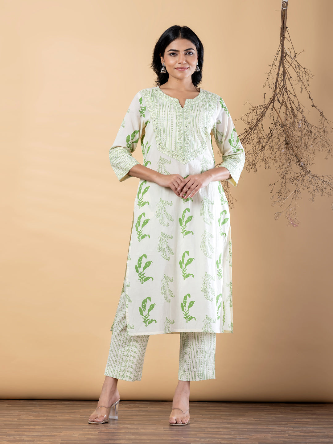 Pure Cotton Leaf Green & Cream 2-Piece Kurta Set