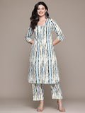 Pure Cotton Blue & Cream Abstract Stripe 2-Piece Kurti Set