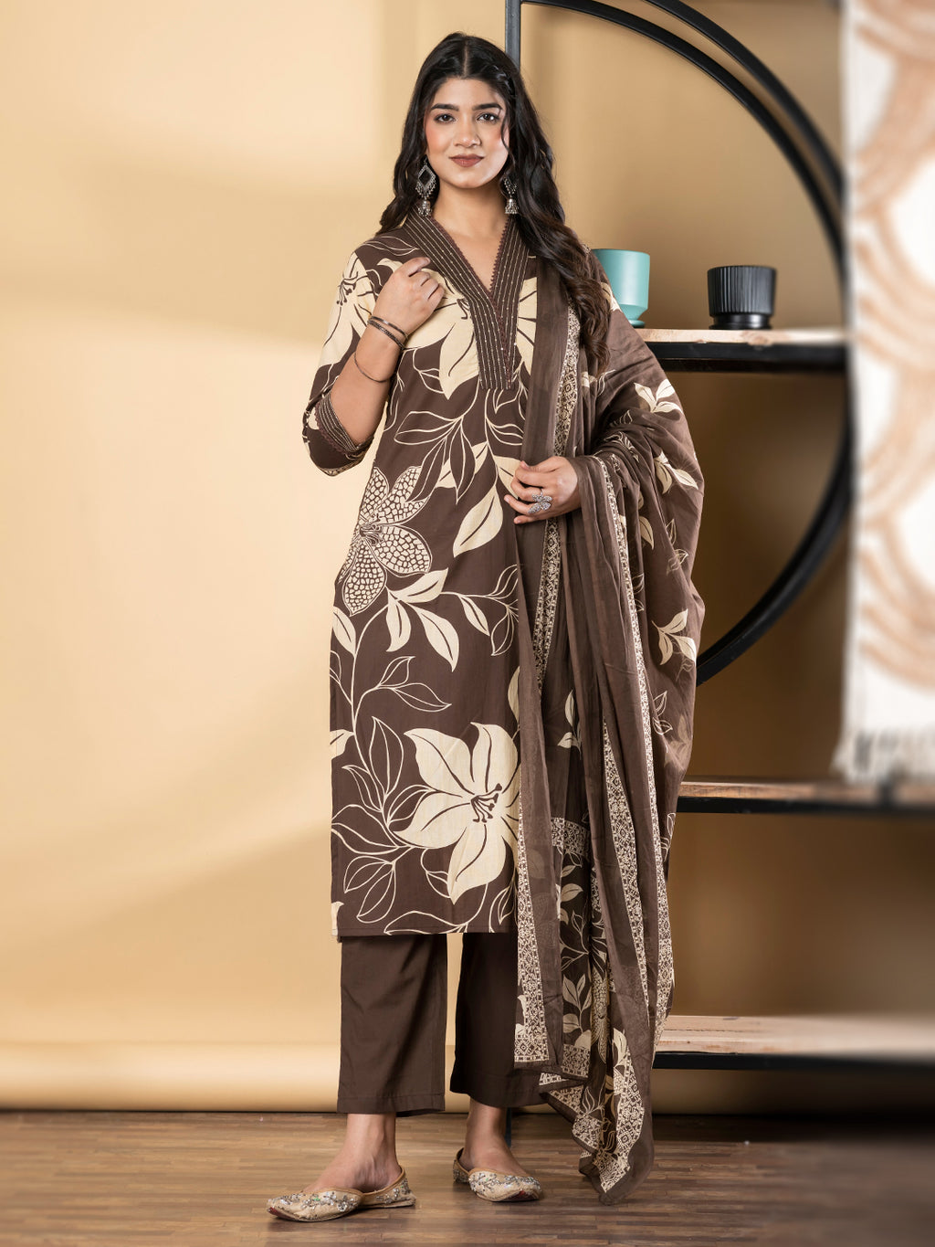 Pure Cotton Coffee & White Floral 3-Piece Kurti Set