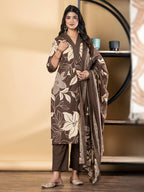 Pure Cotton Coffee & White Floral 3-Piece Kurti Set