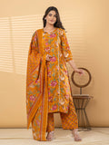 Pure Cotton Mustard Yellow Kalamkari 3-Piece Kurti Set