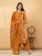 Pure Cotton Mustard Yellow Kalamkari 3-Piece Kurti Set