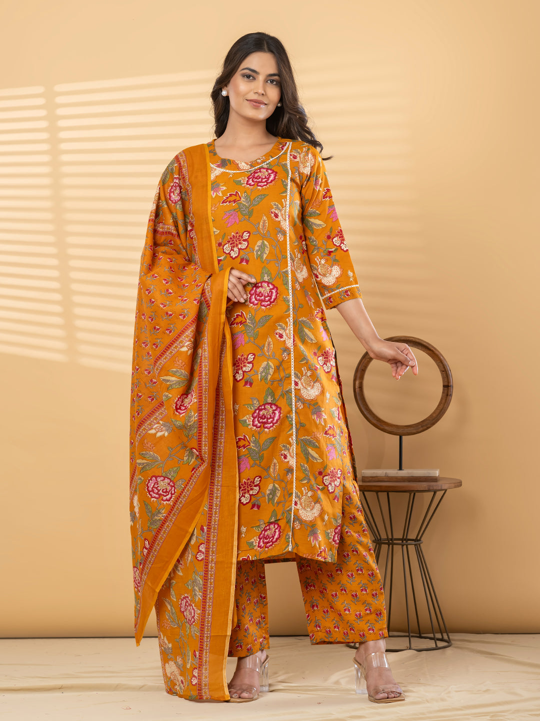Pure Cotton Mustard Yellow Kalamkari 3-Piece Kurti Set