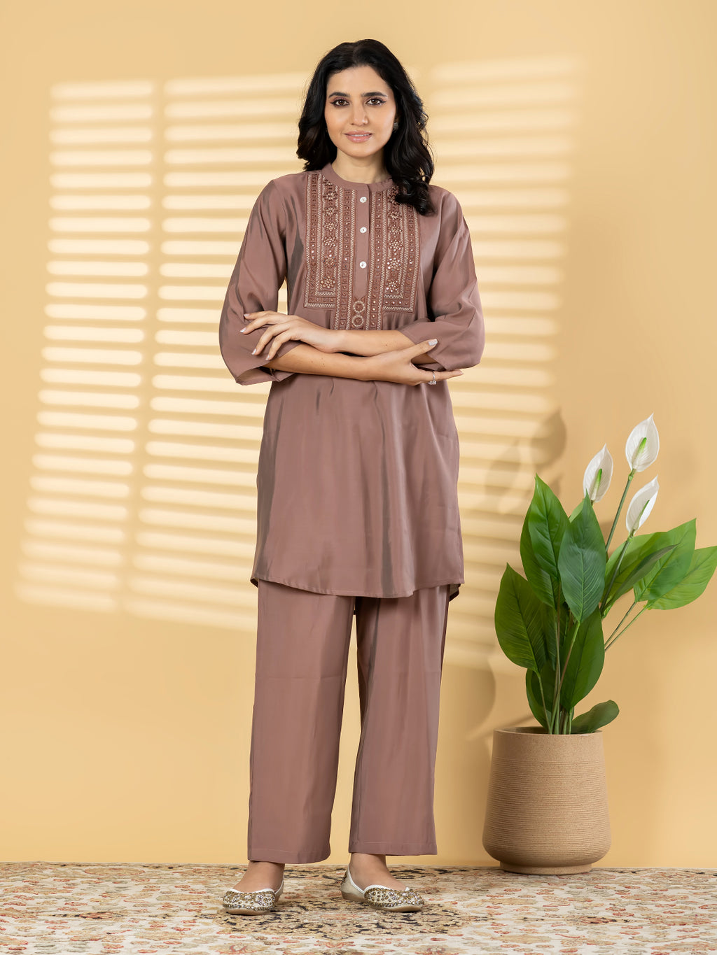 Premium Roman Silk Rose Copper 2-Piece Kurta Pant Set
