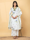 Pure Cotton Cream & Parrot Green Floral 3-Piece Kurta Set