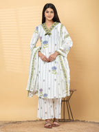Pure Cotton Cream & Parrot Green Floral 3-Piece Kurta Set