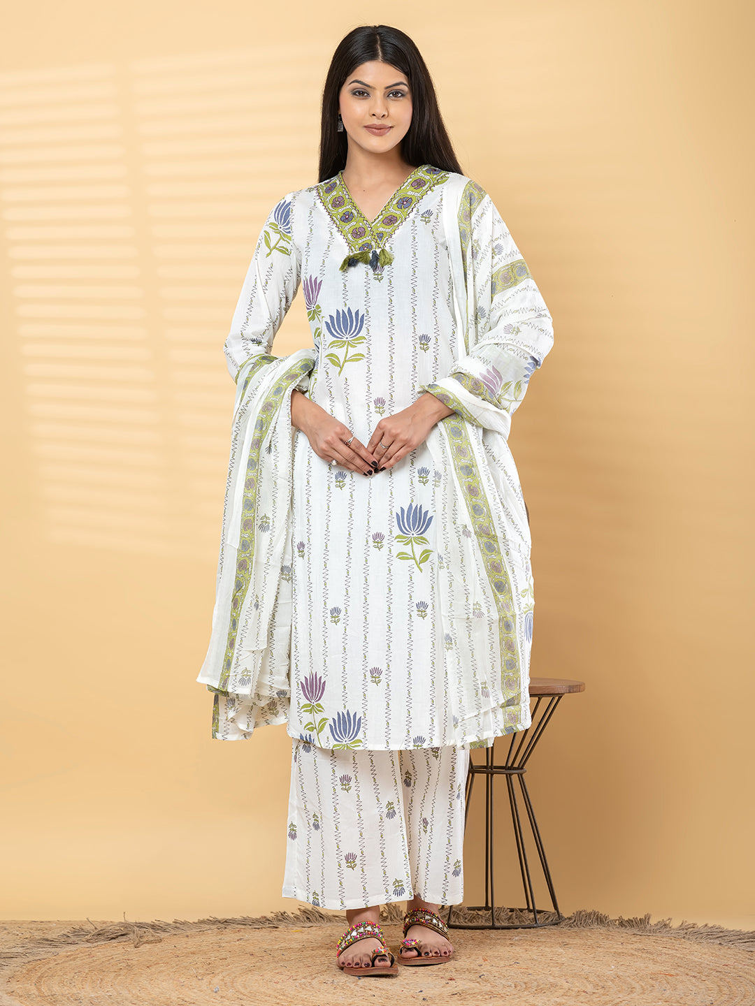Pure Cotton Cream & Parrot Green Floral 3-Piece Kurta Set