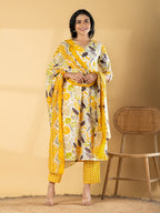 Pure Cotton Cream & Mustard Floral 3-Piece Kurti Set