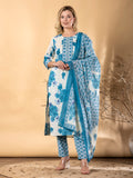 Pure Cotton Blue & White Floral 3-Piece Kurti Set