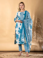 Pure Cotton Blue & White Floral 3-Piece Kurti Set