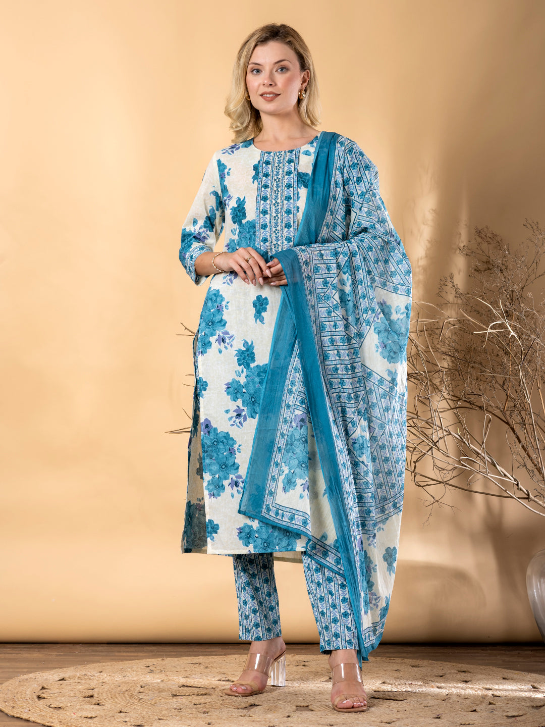 Pure Cotton Blue & White Floral 3-Piece Kurti Set