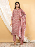 Pure Cotton Dusty Rose Floral 3-Piece Kurti Set with Sitara Lace
