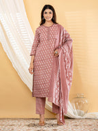Pure Cotton Dusty Rose Floral 3-Piece Kurti Set with Sitara Lace