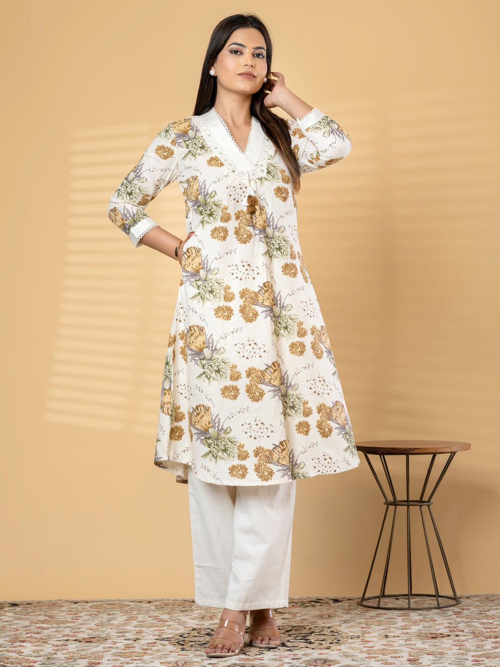 Pure Khadi Cotton Cream Floral A-Line Kurti Set with Mirror Work