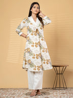 Pure Khadi Cotton Cream Floral A-Line Kurti Set with Mirror Work