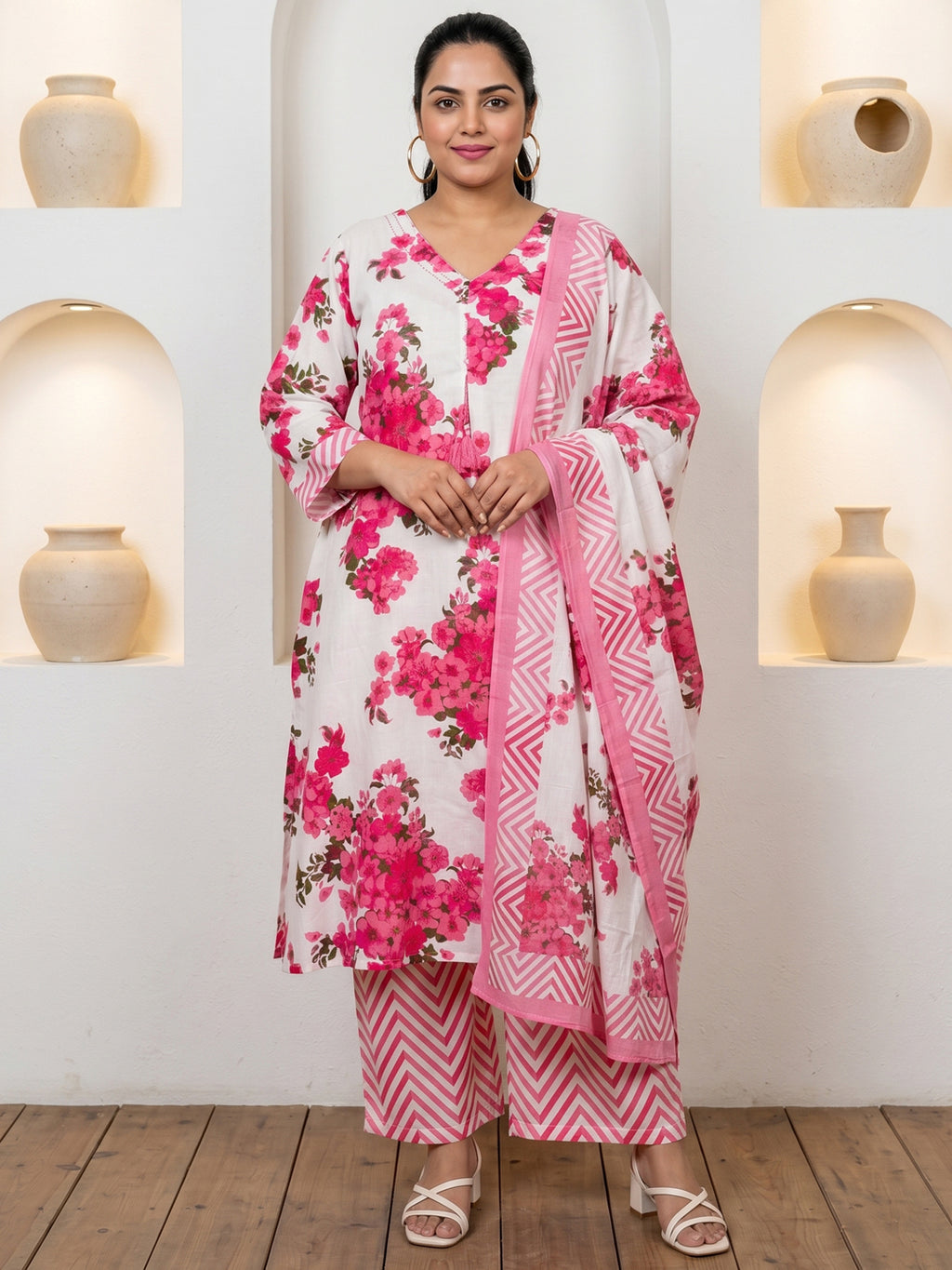Pure Cotton Pink Floral 3-Piece Kurti Set with Tassels