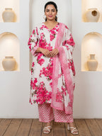Pure Cotton Pink Floral 3-Piece Kurti Set with Tassels