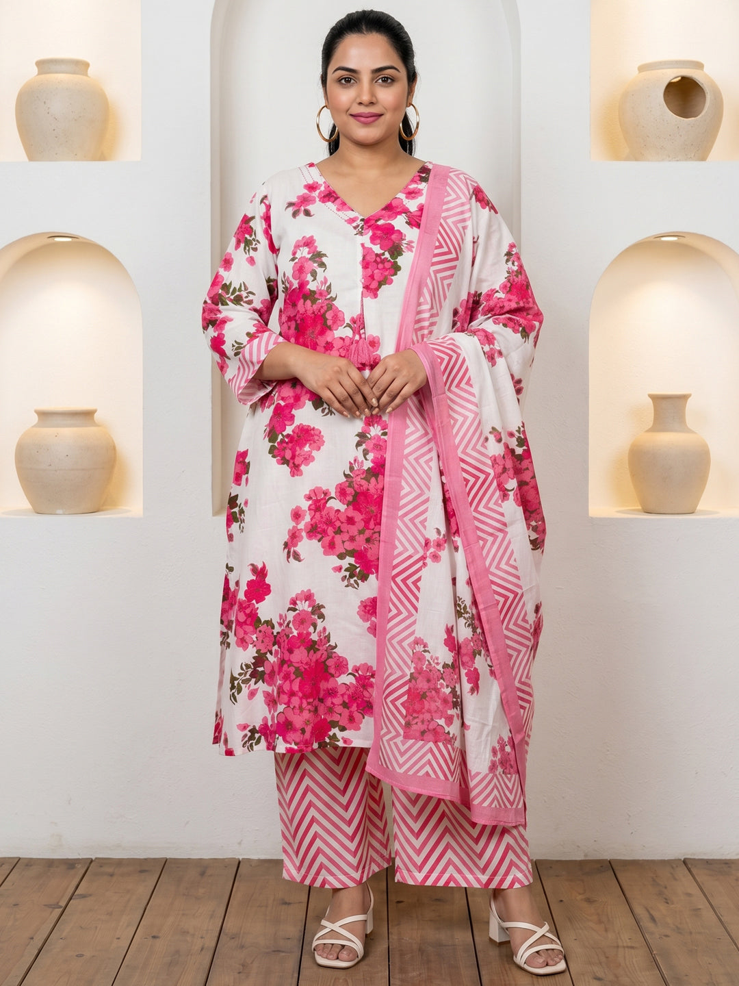 Pure Cotton Pink Floral 3-Piece Kurti Set with Tassels