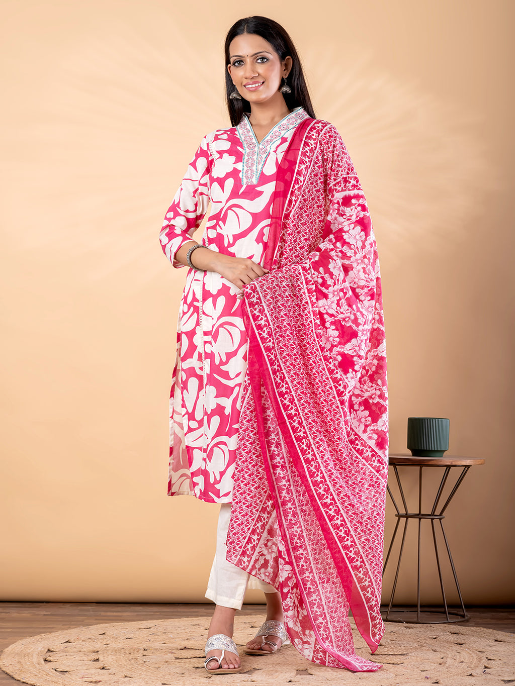 Pure Cotton Pink & White Floral 3-Piece Kurti Set
