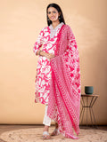 Pure Cotton Pink & White Floral 3-Piece Kurti Set