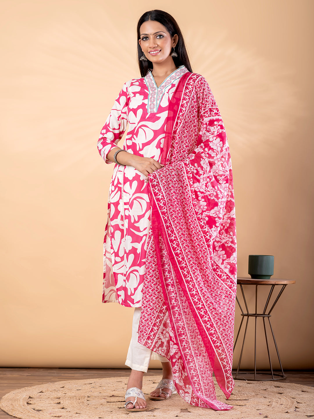 Pure Cotton Pink & White Floral 3-Piece Kurti Set