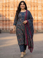 Pure Cotton Kalamkari 3-Piece Kurti Set – Blue, Green & Red