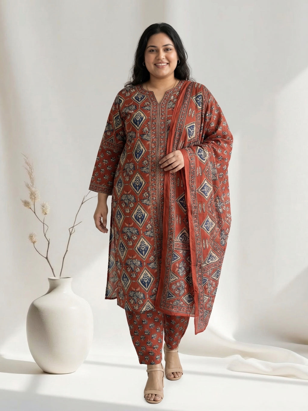 Pure Cotton Rust Brown & Blue Ajrak 3-Piece Kurti Set