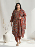 Pure Cotton Rust Brown & Blue Ajrak 3-Piece Kurti Set