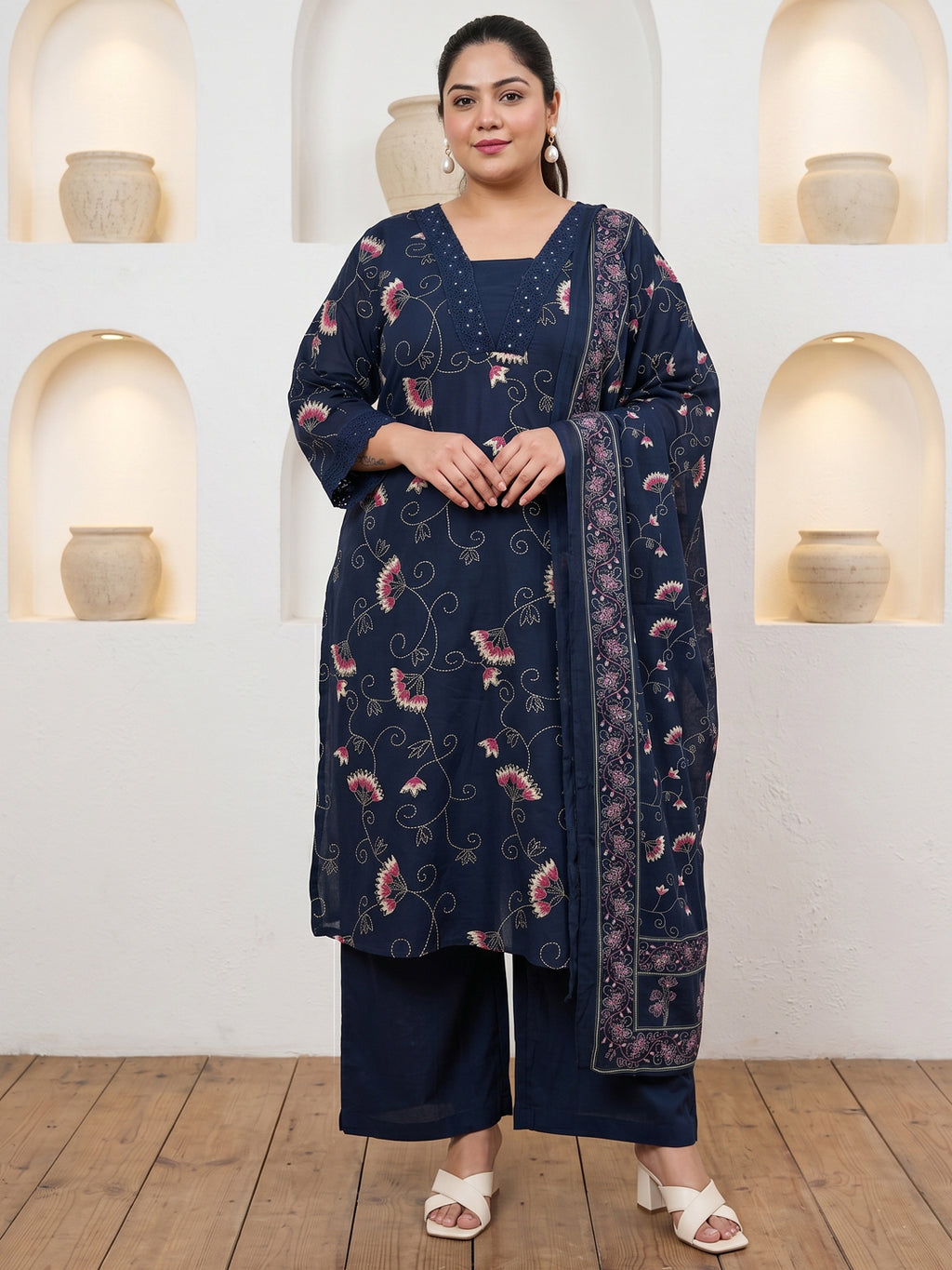 Pure Cotton Navy Blue Floral Vine Kantha-Inspired Print 3-Piece Kurti Set