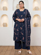 Pure Cotton Navy Blue Floral Vine Kantha-Inspired Print 3-Piece Kurti Set