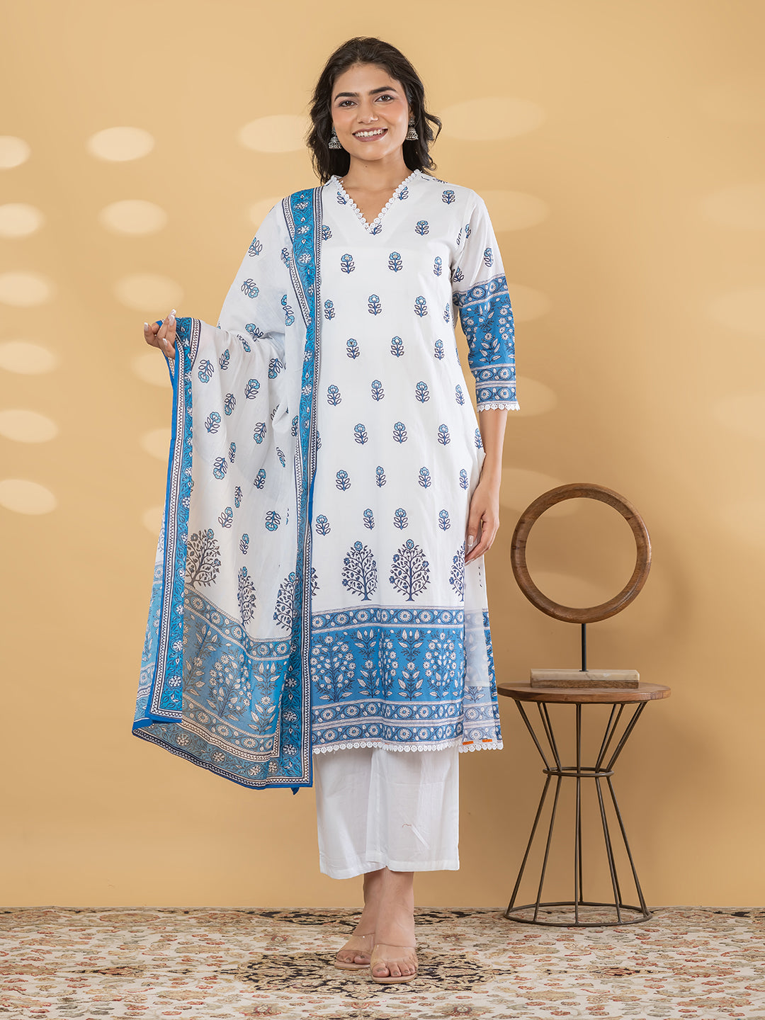 Pure Cotton Blue & White Floral 3-Piece Kurti Set with Palazzo