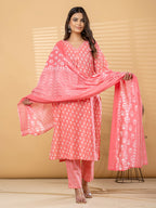 Pure Cotton Coral Pink Floral 3-Piece Kurta Set