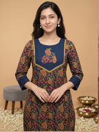 Pure Cotton Navy Blue Kalamkari 3-Piece Kurti Set with Palazzo