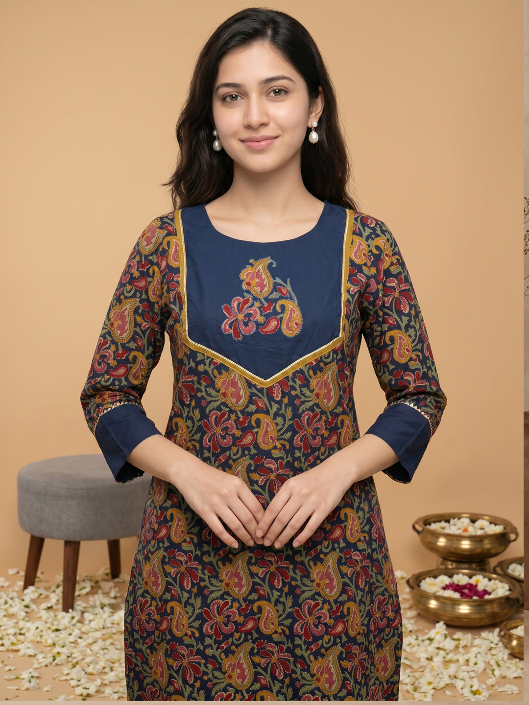 Pure Cotton Navy Blue Kalamkari 3-Piece Kurti Set with Palazzo