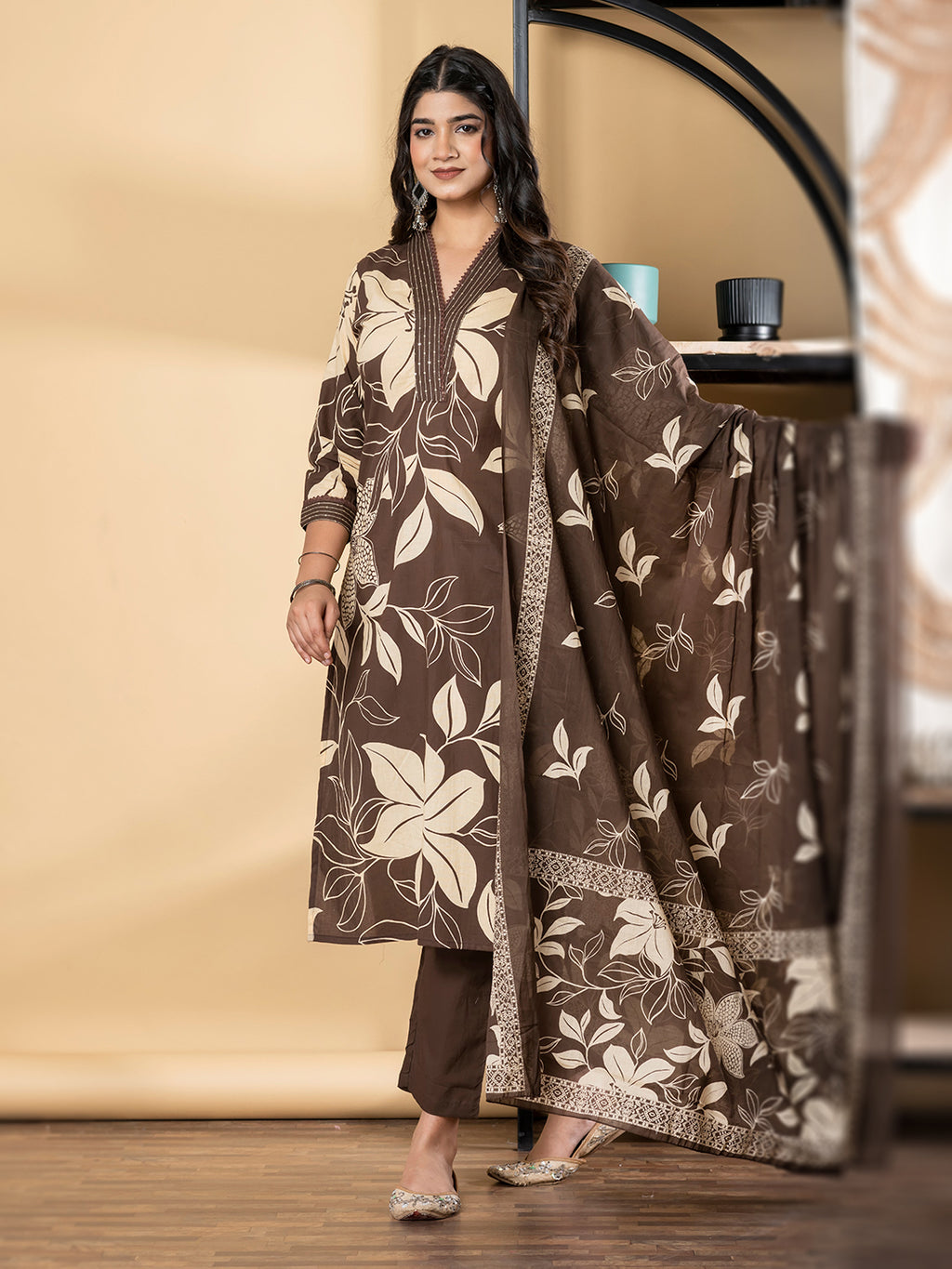 Pure Cotton Coffee & White Floral 3-Piece Kurti Set