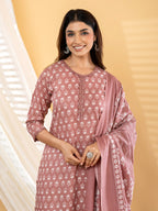 Pure Cotton Dusty Rose Floral 3-Piece Kurti Set with Sitara Lace