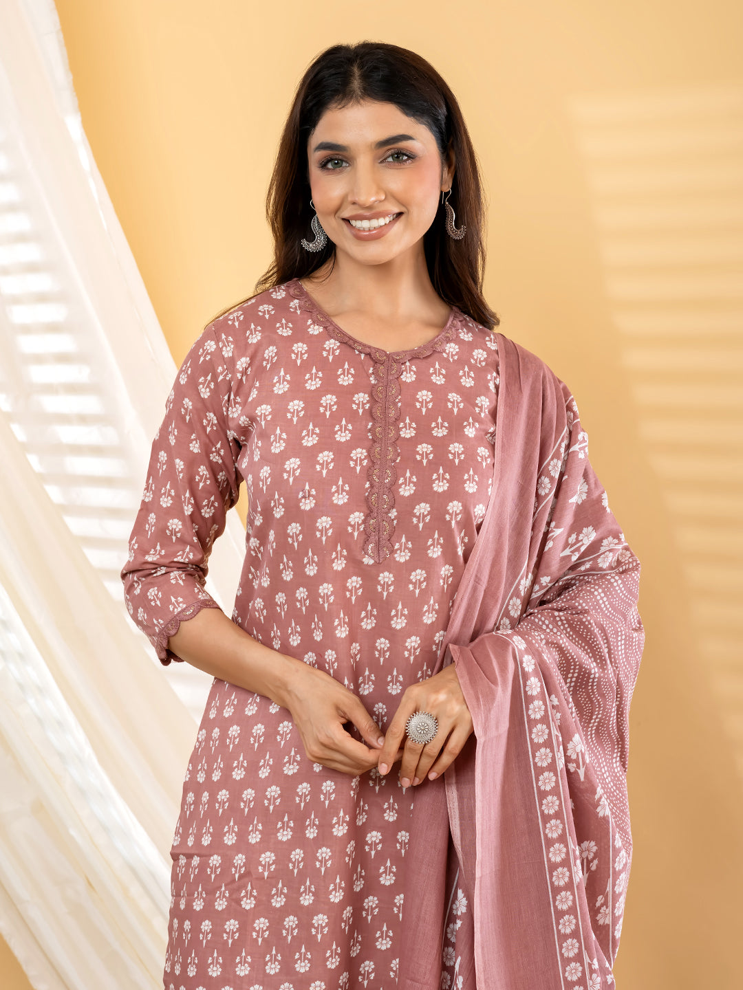 Pure Cotton Dusty Rose Floral 3-Piece Kurti Set with Sitara Lace