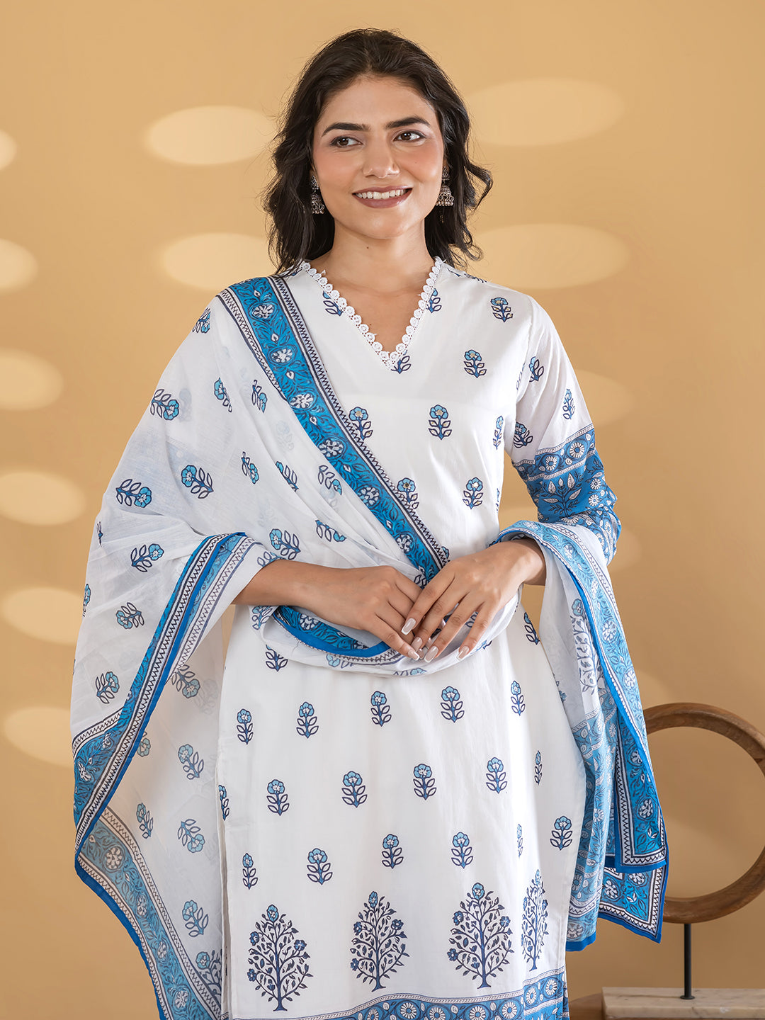 Pure Cotton Blue & White Floral 3-Piece Kurti Set with Palazzo