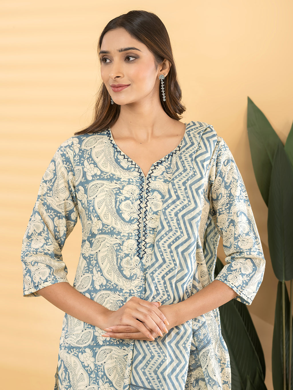 Pure Cotton Cream & Blue Kalamkari 3-Piece Kurti Set