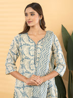 Pure Cotton Cream & Blue Kalamkari 3-Piece Kurti Set