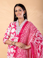 Pure Cotton Pink & White Floral 3-Piece Kurti Set